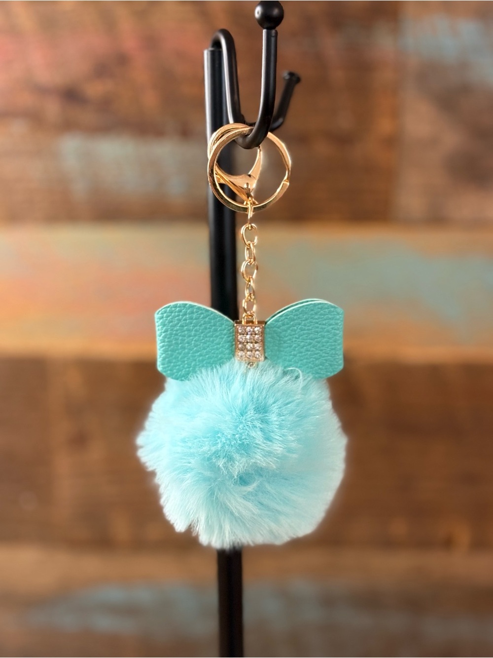 Cute Mint Pom Pom Bow Keychain - Women Accessories
